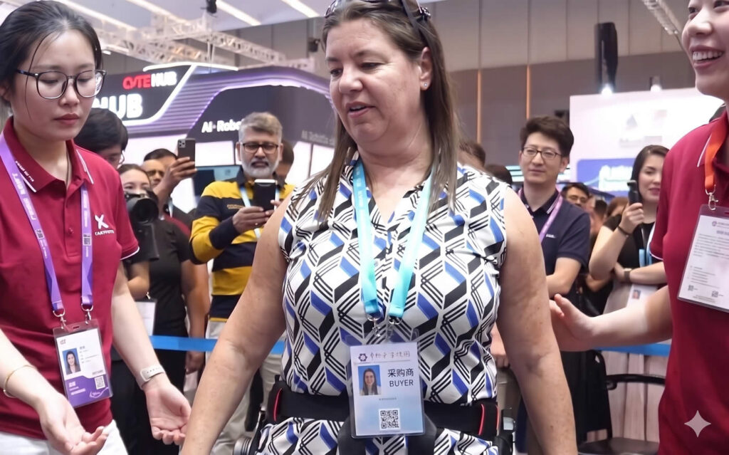 A Step Toward Dignity: Chinese Exoskeleton Lets Argentine Woman Walk Again at Canton Fair An Argentine woman with a muscle-wasting disease, long reliant on a wheelchair, stands and takes supported steps using a powered waist-assist exoskeleton developed by Hangzhou Taixi Intelligent Technology. The moment unfolds at the 139th Canton Fair in Guangzhou, China, as family members cry and the surrounding crowd applauds, showcasing how affordable Chinese assistive robotics is restoring mobility, dignity, and hope.