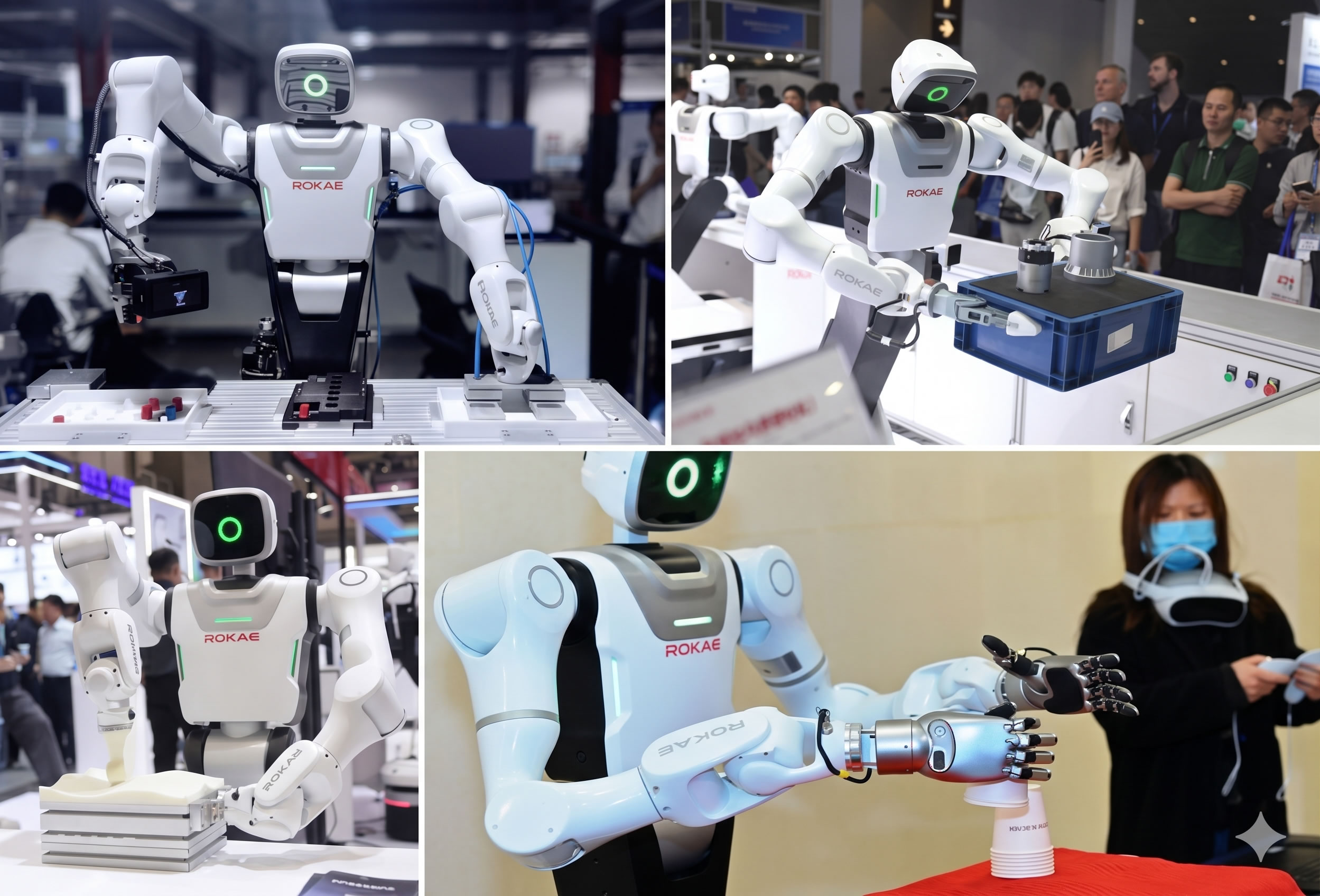 An infographic or scene depicting Rokae’s commercial deployment of embodied intelligent robots across automotive, 3C, and new energy sectors, with over 10,000 units performing material picking and handling, highlighting global leadership in force-controlled manipulators.