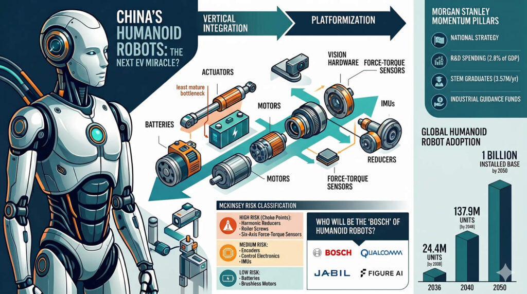 A detailed infographic analyzing China's humanoid robot supply chain and market potential. It features a white humanoid robot next to a teardown of actuator components, including batteries, motors, and reducers. The graphic highlights the shift from vertical integration to platformization, McKinsey's supply chain risk classification, and Morgan Stanley's momentum pillars, projecting a global installed base of 1 billion humanoid robots by 2050.