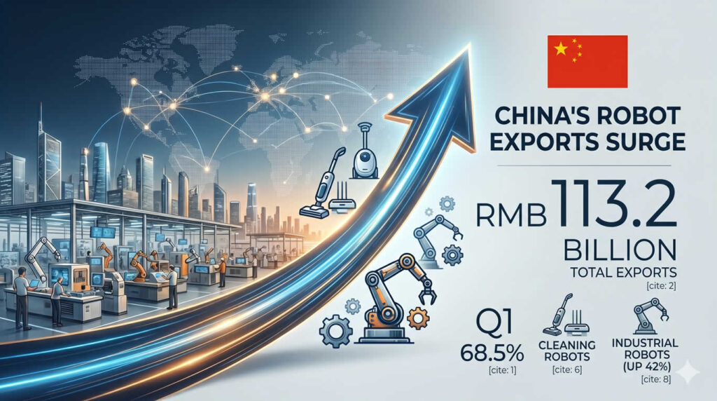 A dynamic graphic showing China's first-quarter robot exports surging 42% to 113.2 billion RMB, featuring household and industrial robots to highlight the country's manufacturing shift