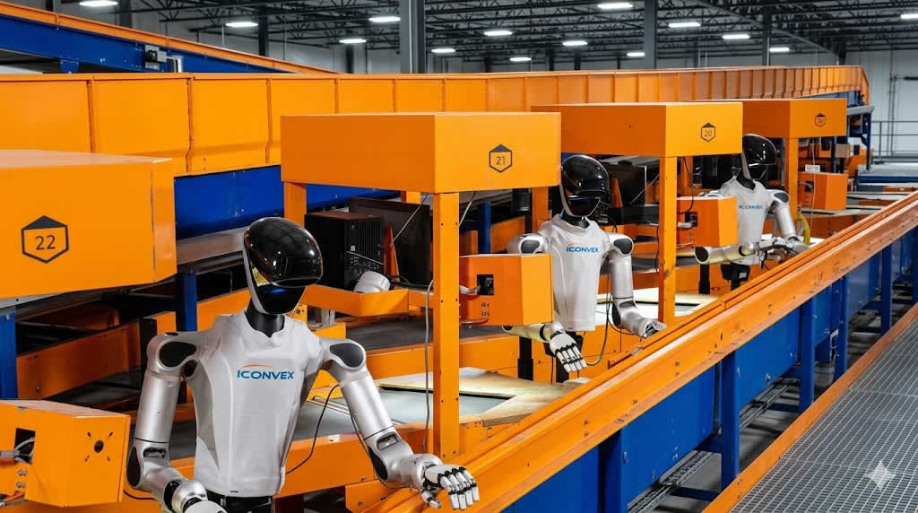 Multiple Robot Era M7 embodied logistics robots work side by side on a high-speed sorting line at China Post's Guangzhou distribution center, picking and placing parcels with XHAND1 dexterous hands