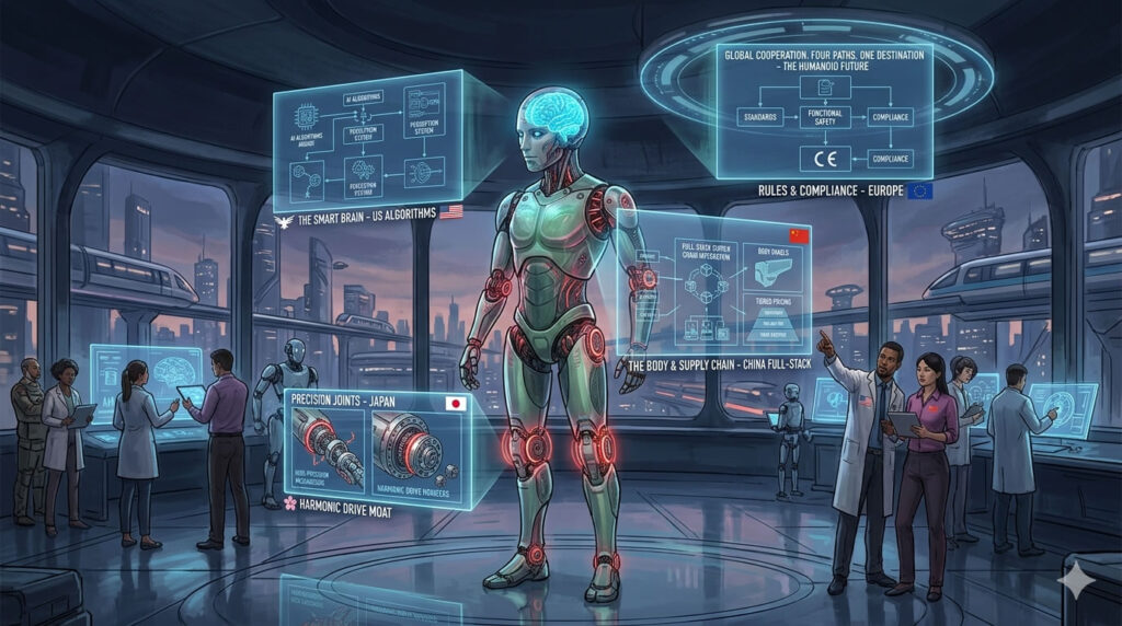 A futuristic humanoid robot standing in a high-tech laboratory, surrounded by four holographic screens showing global robotics industry strengths: US AI brains and algorithms, China's advanced manufacturing supply chain, Japan's precision mechanical joints, and Europe's legal compliance and safety standards.