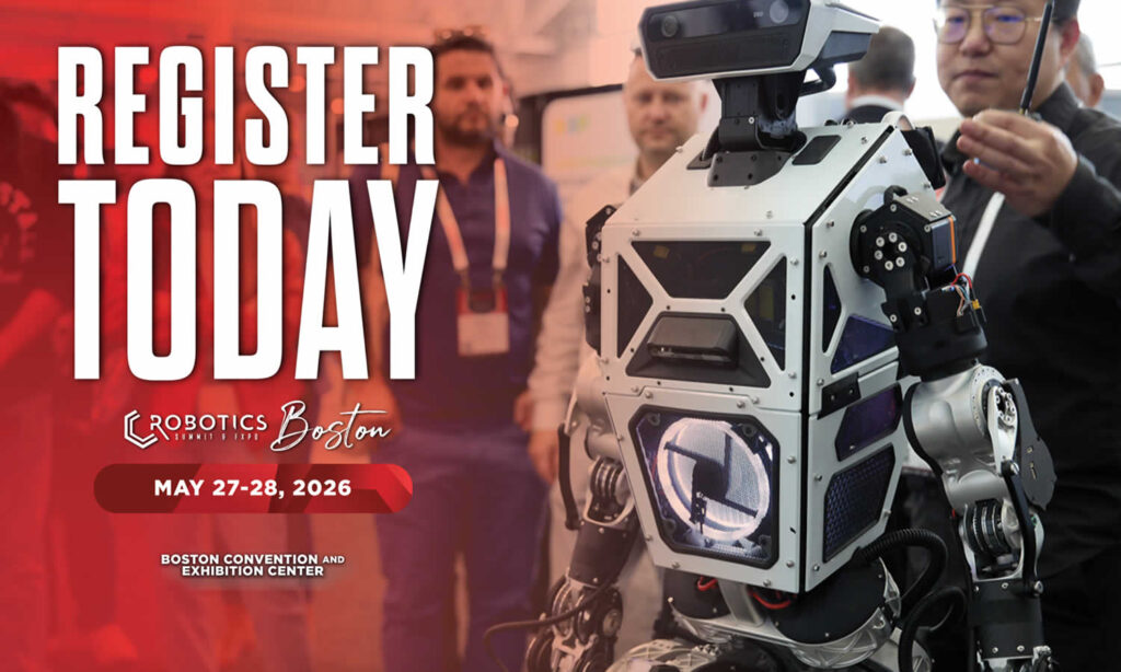 Robotics Summit & Expo 2026: The Year Humanoids Step into the Real World poster for Robotics Summit & Expo 2026 highlighting the commercialization of humanoid robots in Boston.