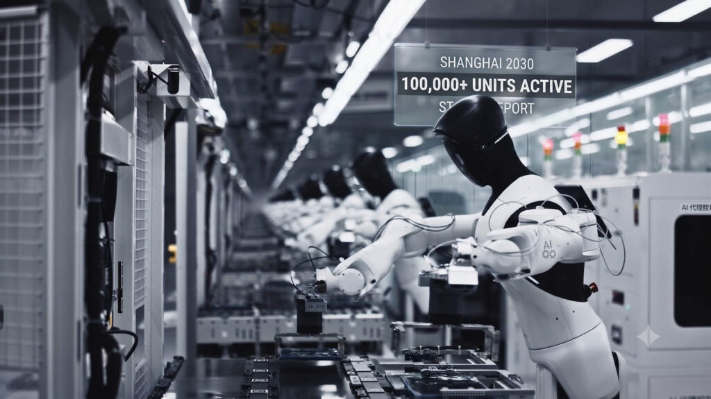 A batch of AGIBOT humanoid robots performing tasks on a modern assembly line, illustrating the scaled deployment of humanoid robots in factories under Shanghai’s 2030 target