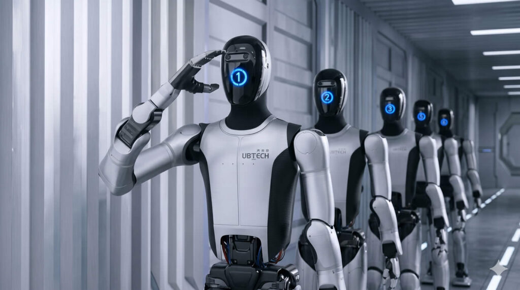 A lineup of UBTECH industrial humanoid robots — the same model being scaled up for deployment by Hitachi, Honda, and Japan Airlines across factories and airports in Japan.