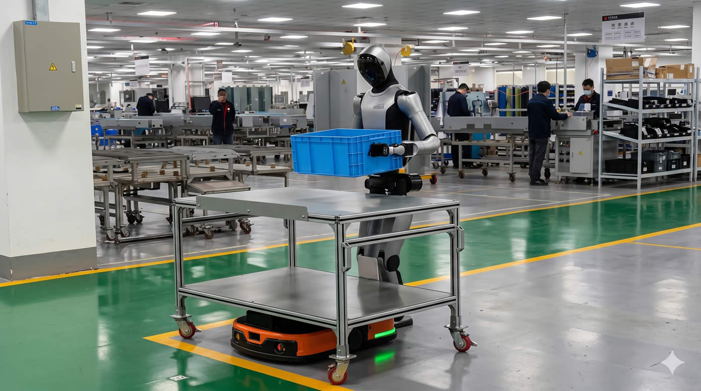 UBTECH Walker S2 industrial humanoid robot undergoing on-site testing at a Hitachi elevator workshop in Japan