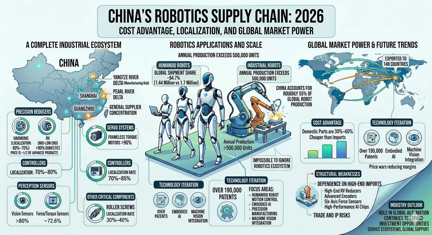 Infographic illustrating China's robotics supply chain in 2026, highlighting manufacturing hubs in the Yangtze and Pearl River Deltas, 70-85% domestic localization of core components, cost advantages, and the global export scale of industrial and humanoid robots.