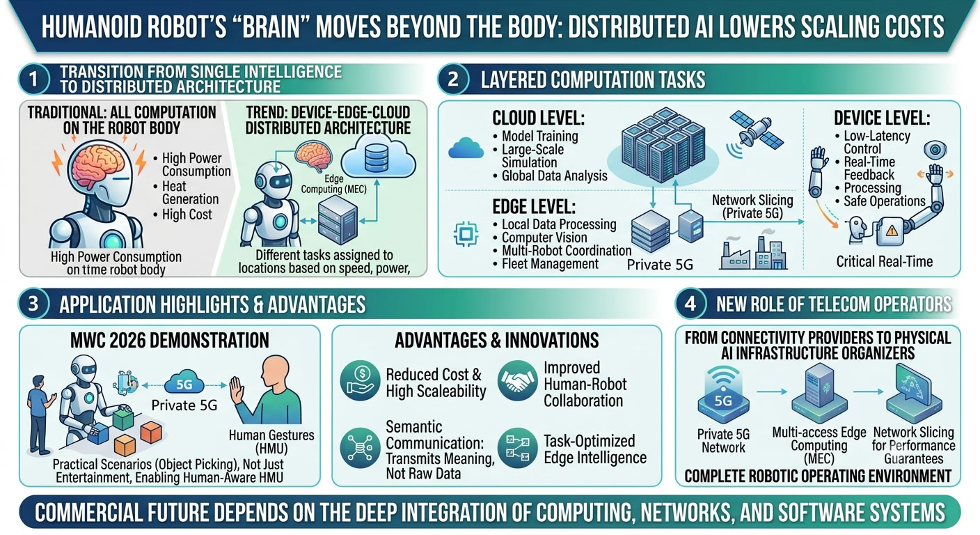 A detailed digital infographic titled “HUMANOID ROBOT'S “BRAIN” MOVES BEYOND THE BODY: DISTRIBUTED AI LOWERS SCALING COSTS.” The infographic is divided into four numbered sections with a technical, high-tech design featuring blue and green glowing accents.