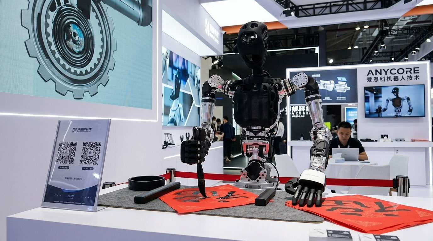 A close-up view of Inspire-Robots' high-precision dexterous hand writing Chinese calligraphy, demonstrating fine motion control at WAIC 2026.