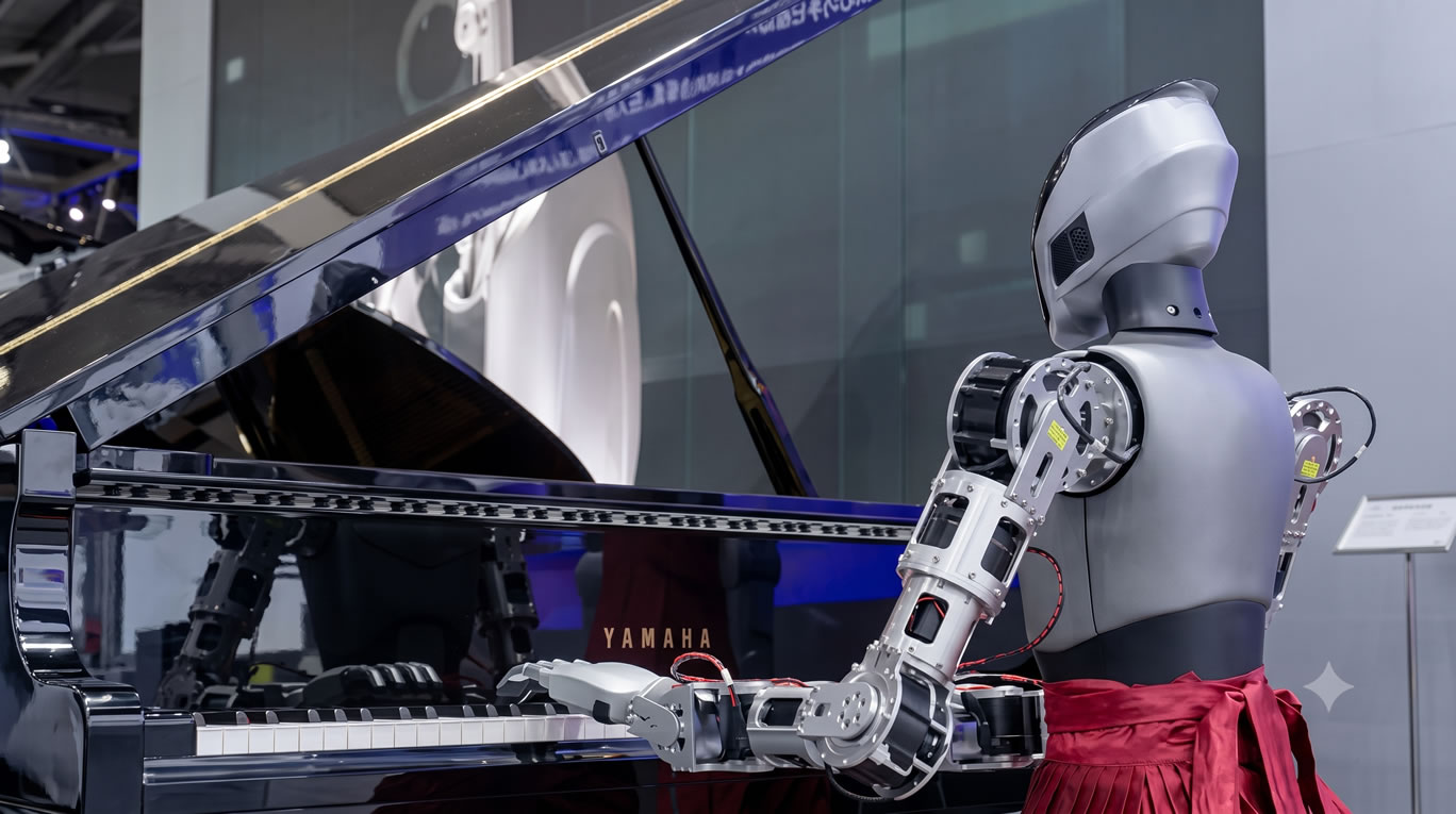 LinkerHand's robotic dexterous hand striking piano keys, demonstrating deep learning music emotion models and nuanced dynamic control at WAIC 2026.