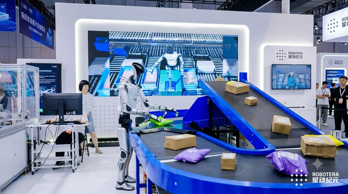 obotEra's humanoid robot successfully sorting a logistics package with its XHAND dexterous hand at WAIC 2026.