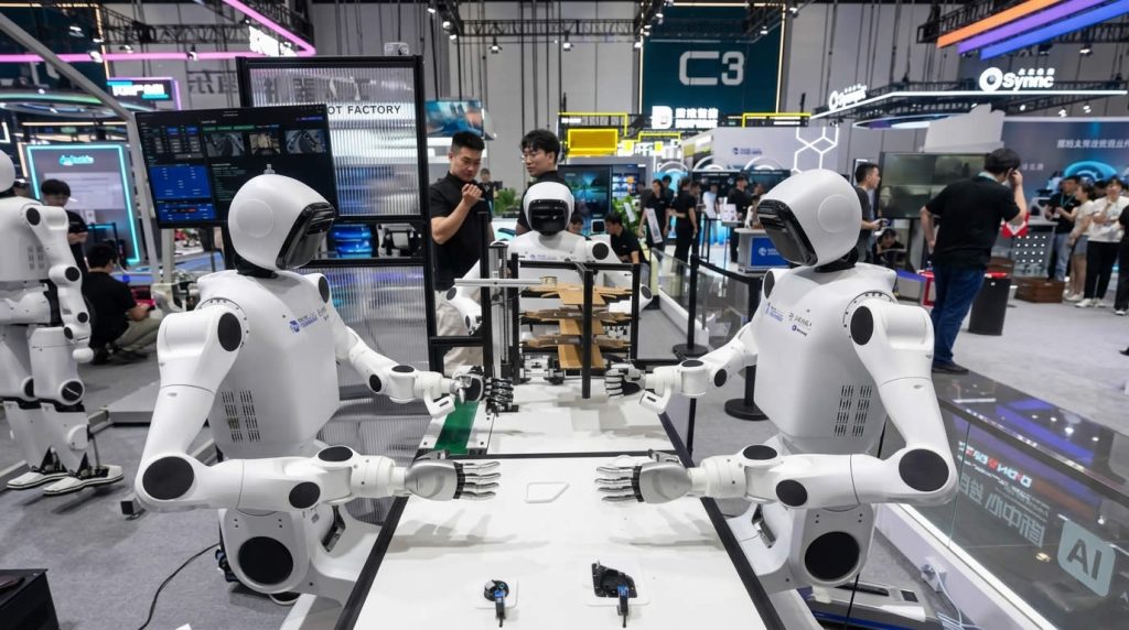Two humanoid robots demonstrating collaborative tasks at a workspace during the WRC 2026