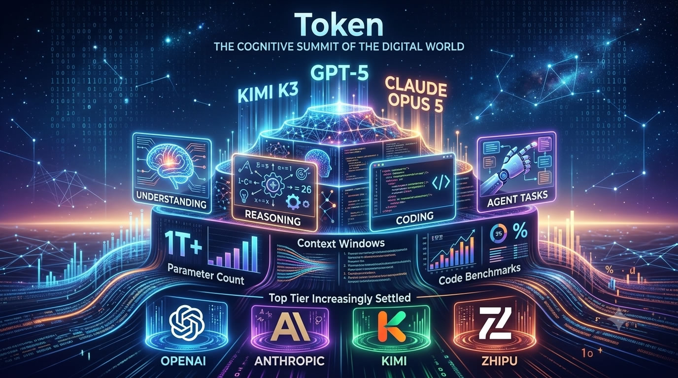 A futuristic digital illustration showing top AI models like GPT-5 and Claude competing in cognitive tasks and coding benchmarks.